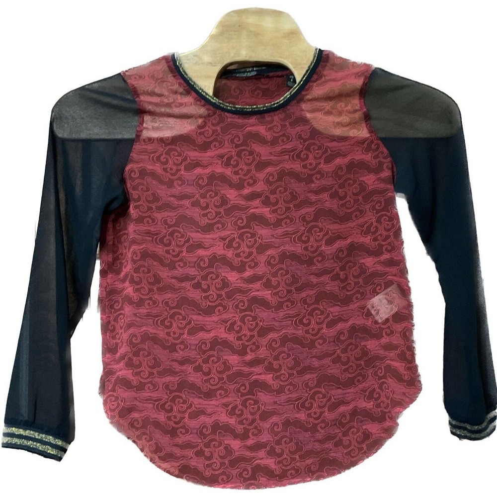 Scotch & Soda Maison Scotch‎ Womens Blouse Sz 2 Maroon Black Sheer Long Sleeve